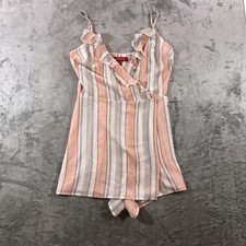 GUESS Romper Womens Small Pink Pastel Stripe Paloma Skort Ruffle V Neck Summer