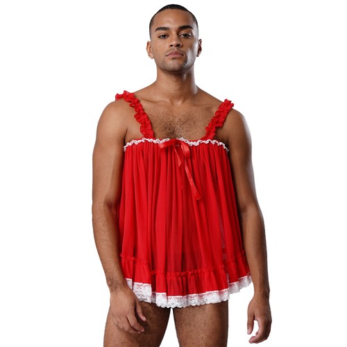 Camicia da notte uomo Sissy maglia trasparente lingerie pizzo babydoll vestito pigiama - Foto 8 di 29