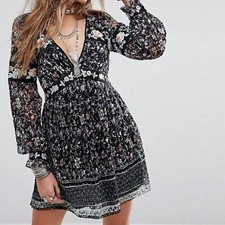 Free People Cherry Blossom Mini Dress Black Floral Lace Embroidery Boho Sz 2