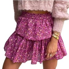 LoveShackFancy RUFFLE SKIRT Mini Tiered Ditsy Floral CHERRY WINE Pink Sz XS