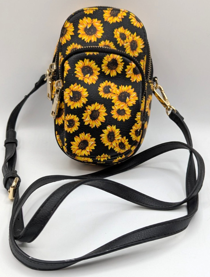 Black Sunflower Faux Leather Crossbody Phone Case Zip Wallet Festival Purse
