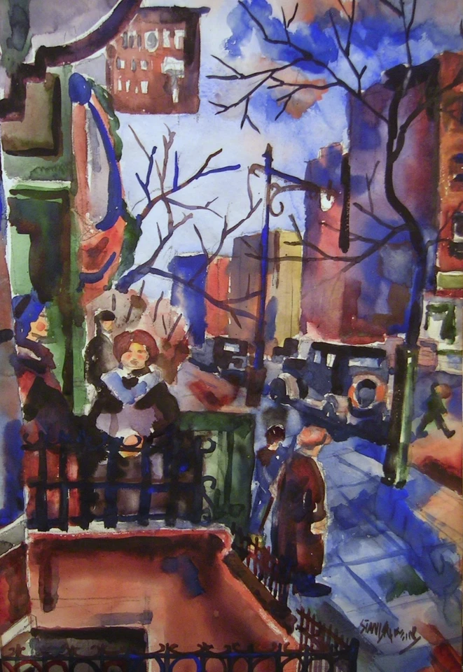 Antique NYC Surreal Expressionist WPA Era Watercolor Painting 1930s - Image 2 of 4