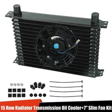 Universal Aluminum 15-Row Radiator Transmission Oil Cooler + 7" Cooling Fan Kit