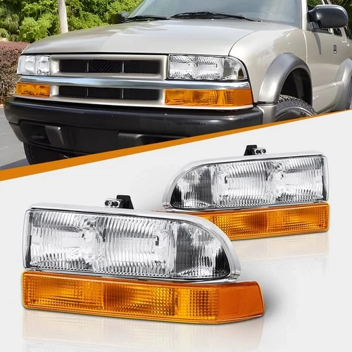 Pair Chrome Amber Headlights Assembly Halogen For 1998-2004 Chevy S10 Blazer