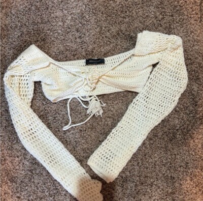 White Fox Boutique I Was Here Long Sleeve Crochet Crop Off White
