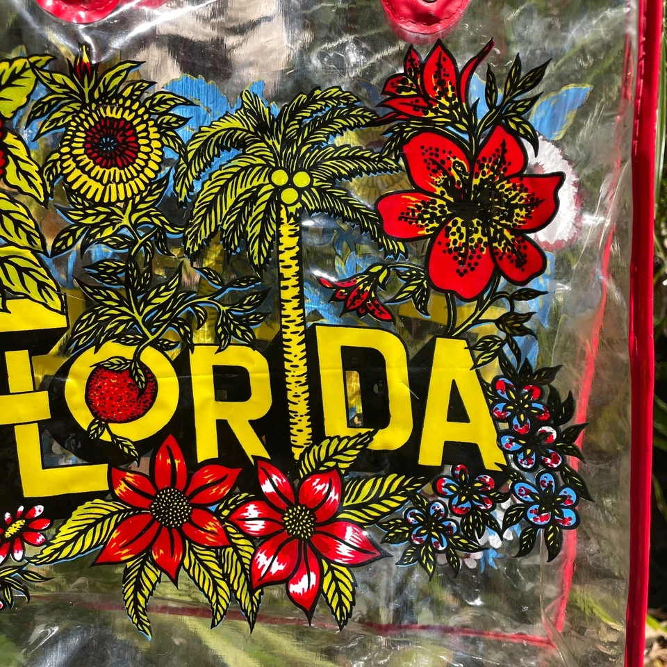 Vintage MOD 60s 70s Clear Floral PVC Vinyl Retro Florida Tote Bag  - Image 3 of 4