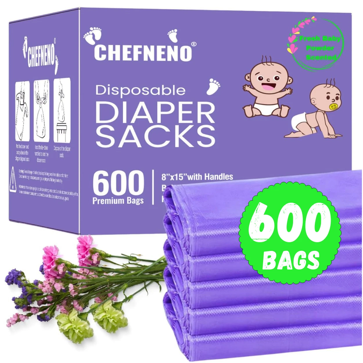 Baby Diaper Disposal Sacks w/ Handles (600 Count) Fresh Baby Powder Scented Bags