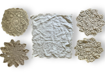 Hand Crocheted Doilies Lot of 5 ~ 5''-7''-15'' White and Natural Wedding Tea Party