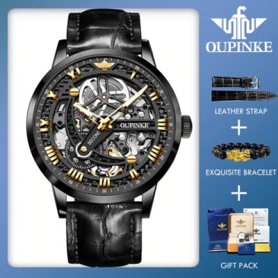 OUPINKE Luxury Men Skeleton Leather Transparent Sapphire Waterproof Watch 40mm