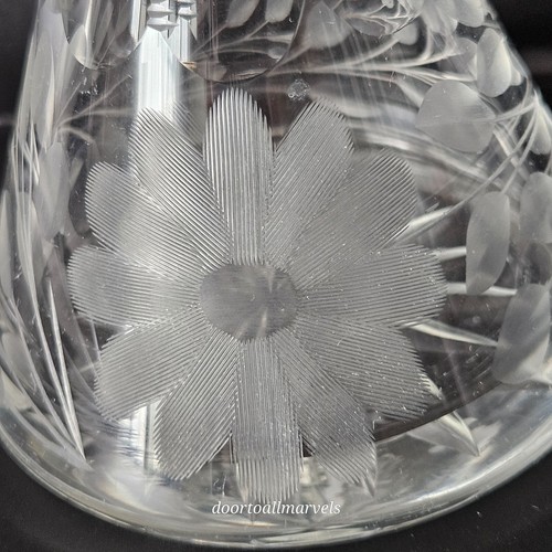 Antique Wheel Cut Crystal Glass Cruet 6.5" Daisy & Leaves Faceted - Picture 6 of 9
