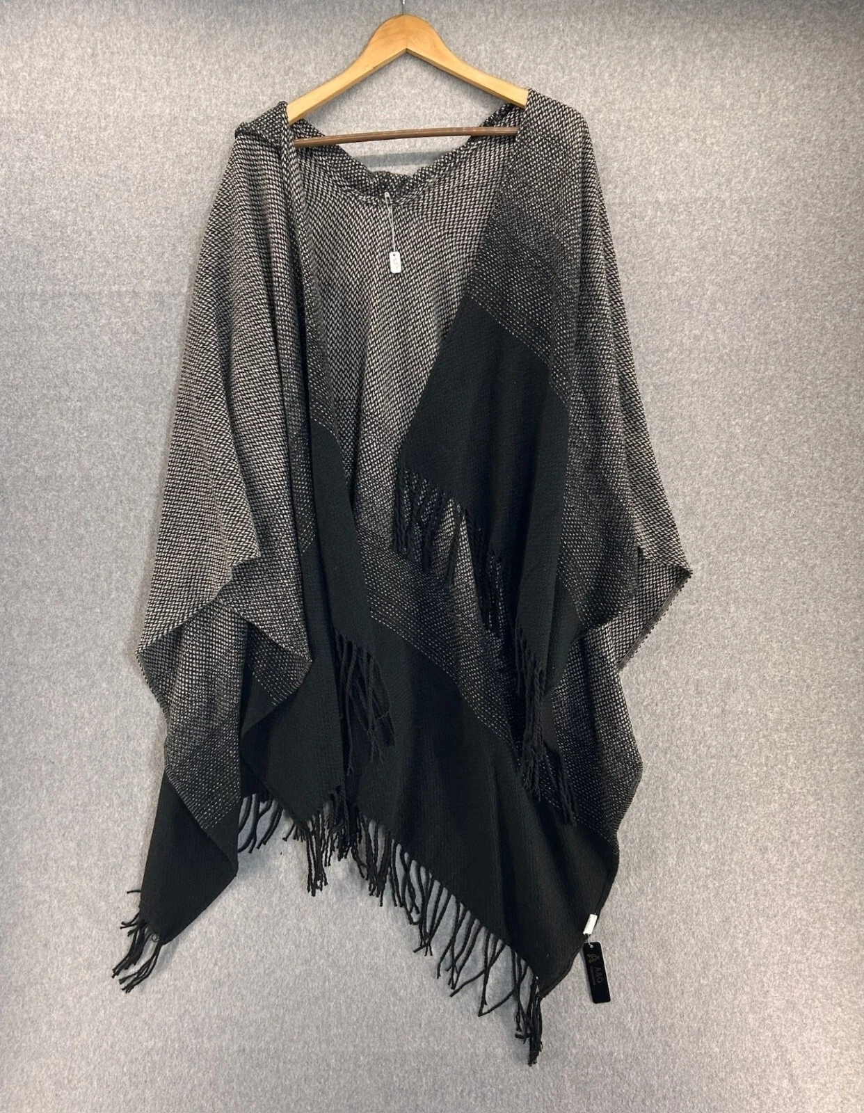 Black Cream Knit Fringe Hooded Poncho OS Cozy Drape Wrap A&O International NWT
