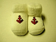 Socks/Booties W/Red Anchors Appliqued By Two Feet Ahead,0-3 Mos,White,Brand New