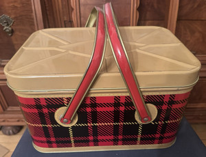 Vintage Red Tartan Plaid Metal Picnic Basket Double Handle Hinge Lid  Super Nice