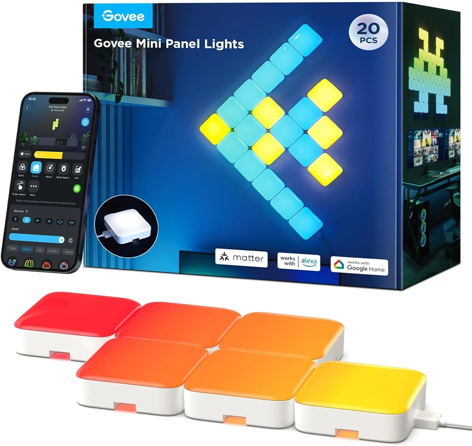 RGBIC Mini Panel Lights - Smart LED Wall Decor, Sync with Music, 20 Pcs