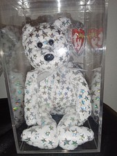 Ty Beanie Babies 2000 White Bear Plush w/ Silver Stars Clear Display Case