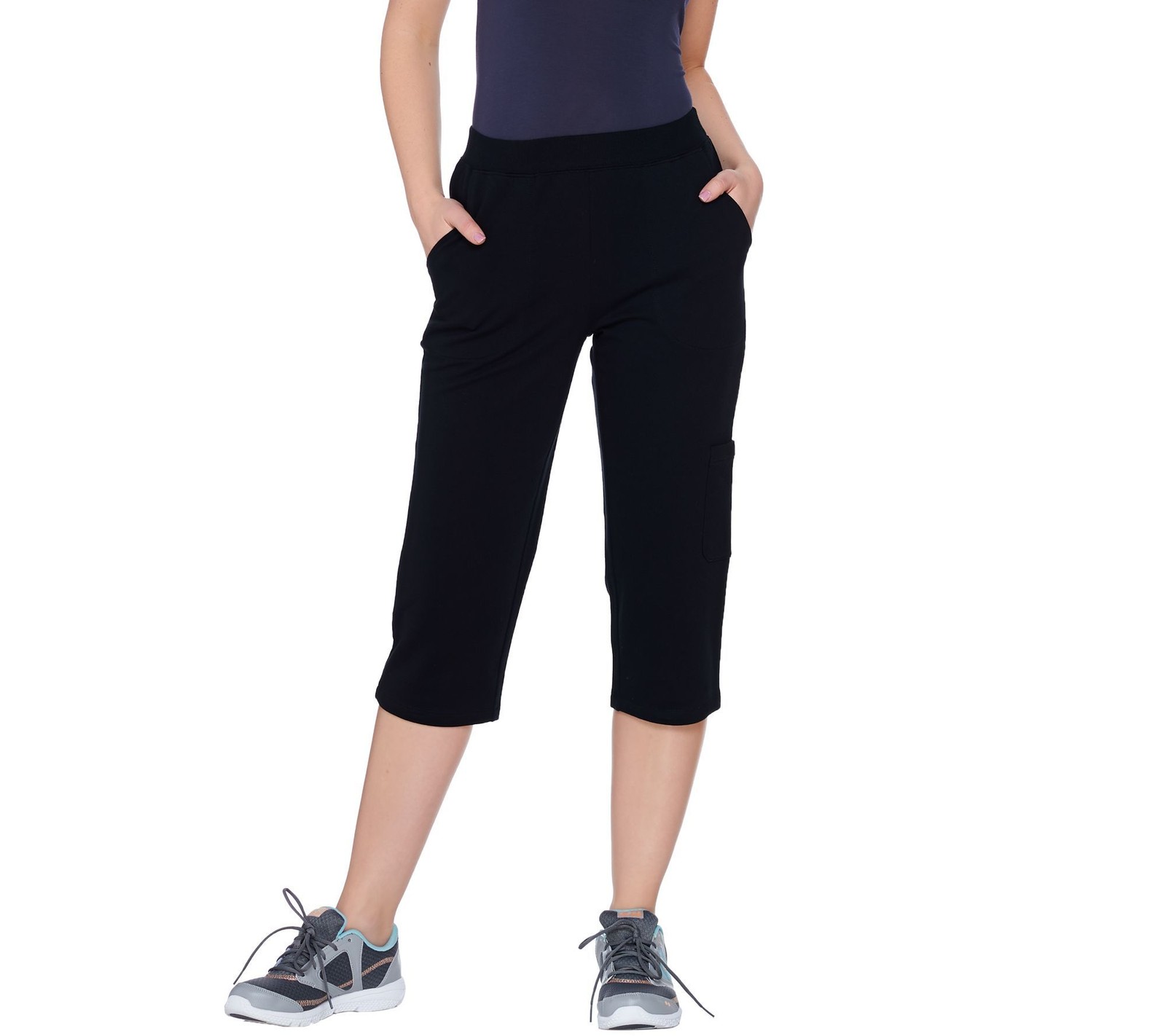 Denim & Co. Women's Pants Sz M Active French Terry Cargo Capri Black A275283