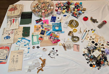 Lot vintage sewing supplies bobbins thread patterns buttons pins thimbles