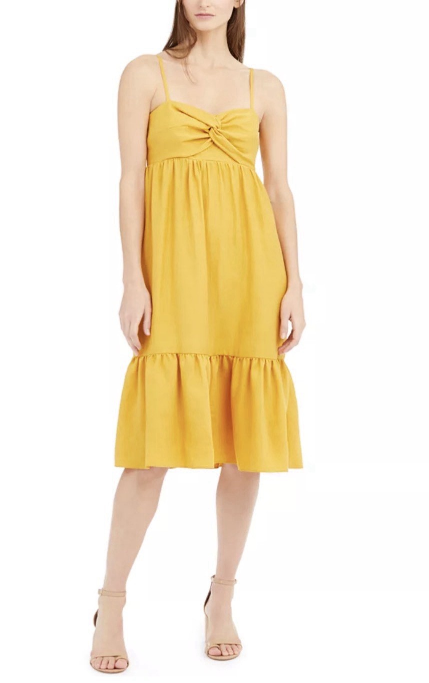 Inc Women’s Twist Front Linen-Blend MIDI Dress Gold Dust Sz Large - NEW