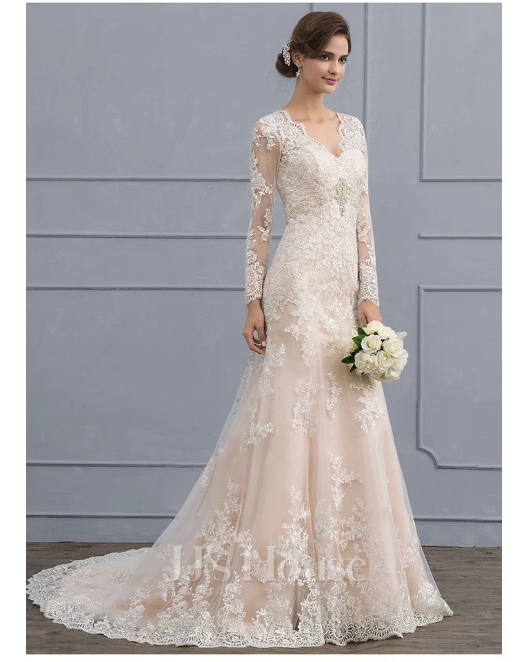 Abito da sposa a tromba/sirena scollo a V corte treno tulle pizzo, taglia:... - Immagine 4 di 4