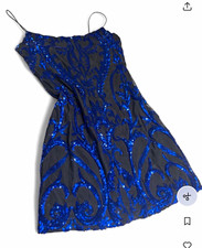 Windsor Black/Blue Sequin Floral Bodycon Mini Scoop Neck Strappy Party L