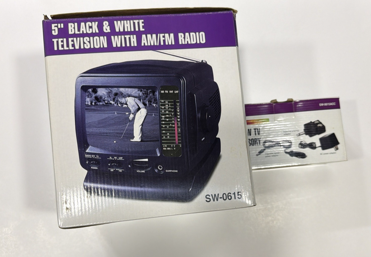 Vintage 5” Black White Portable TV AM FM Radio SW-0615 New In Box