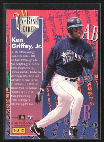 Ken Griffey Jr. 1994 Fleer Ultra On-Base Leader #6 Seattle Mariners - Picture 2 of 2