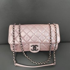 Chanel Classic Medium Double Flap Bag Iridescent Pink Lambskin Aged Silver Auth