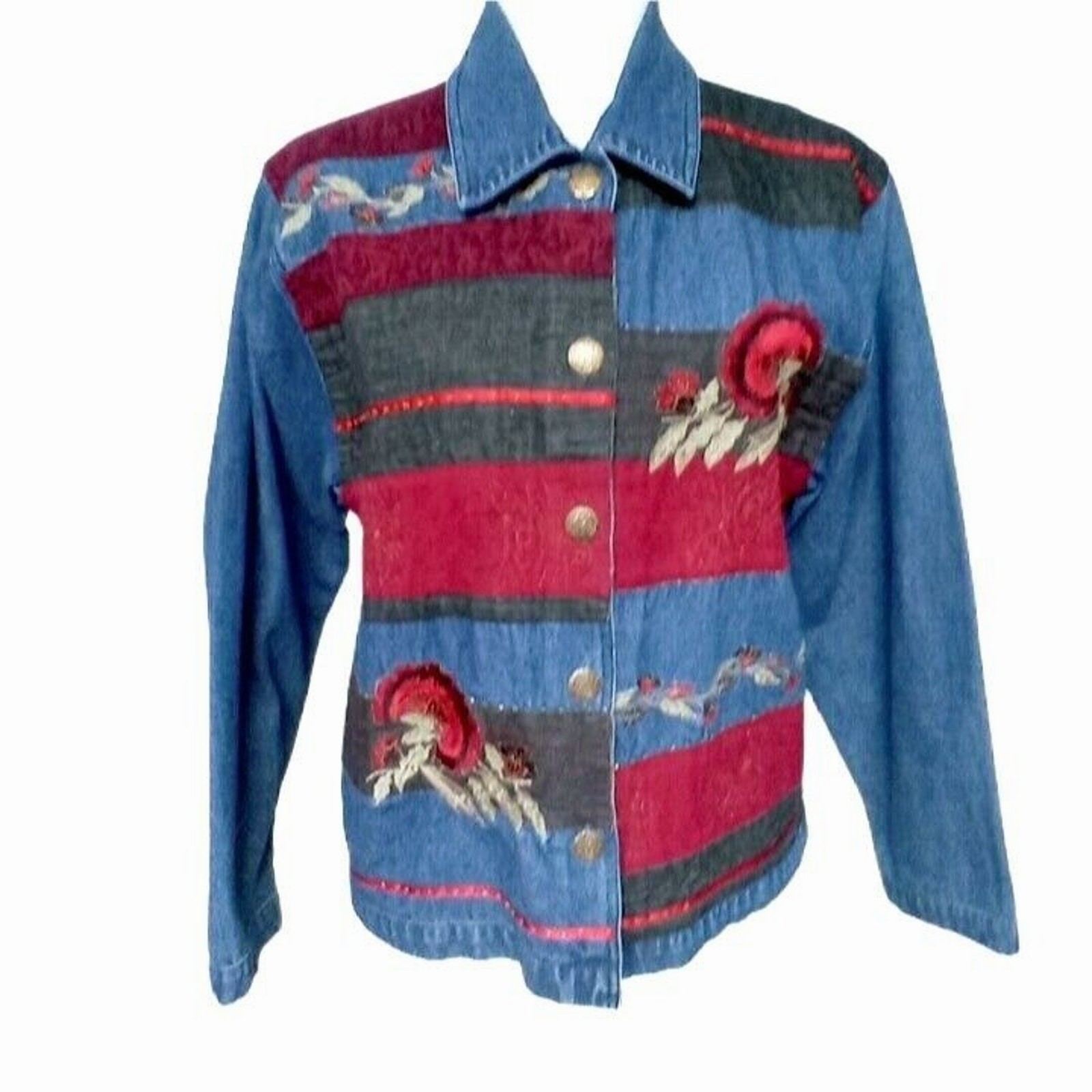 Vintage Patchwork Jean Jacket Blazer Embroidered … - image 6