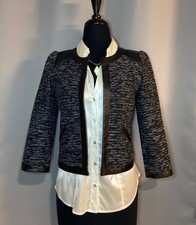 Frenchi Tweed Crop Jacket 3/4 Sleeves Vegan Leather Trim Size Xs