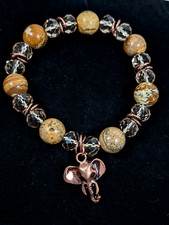 Copper Tone Brown Stone Jasper Beige Glass Bead Elephant Charm Stretch Bracelet