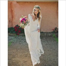 White/Ivory Boho Lace Beach Wedding Dress Long Sleeve V Neck Custom Bridal Gown