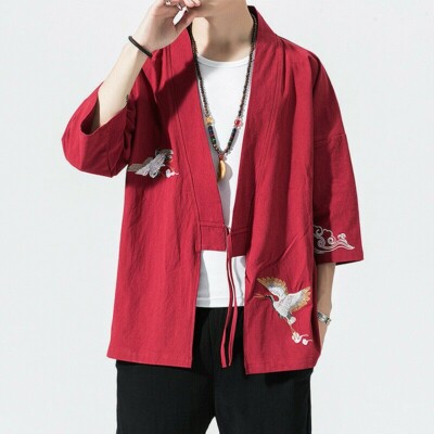 Men Kimono Crane Print Jacket Loose Casual Yukata 100% Cotton Cardigan Plus Size