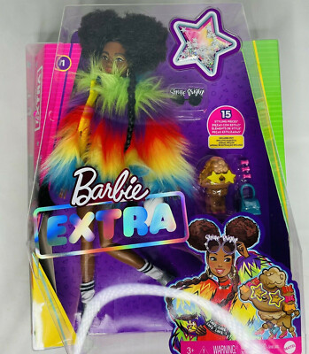 Barbie Extra Doll #1 Furry Rainbow Coat Pet Poodle Brunette Afro Puffs NEW