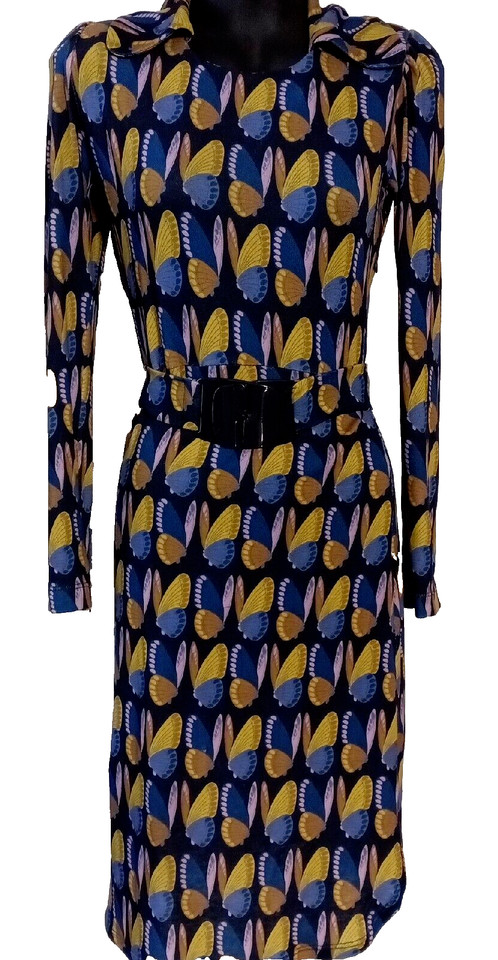 ANNA ANTAL Butterfly Dress Navy Blue Midi Long Sleeve AU 8 Italian Jersey Knit