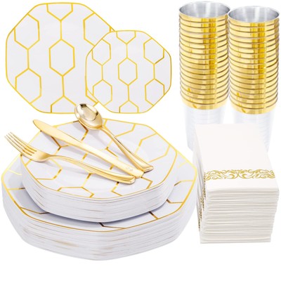175pcs New Year Disposable Plastic Party Plates Dinnerware Set 25 Guest Gold Whi