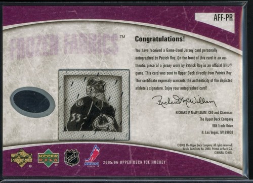 2005-06 Upper Deck Ice Frozen Fabrics Autographs #AFFPR Patrick Roy 07/35 - Picture 2 of 2