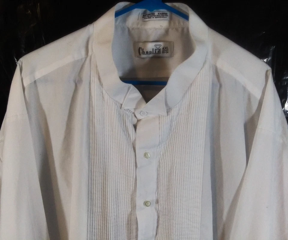 Camisa de vestir formal y esmoquin plisada blanca Chaplin para hombre 4XL 33-34 tela importada Foto 2 de 4