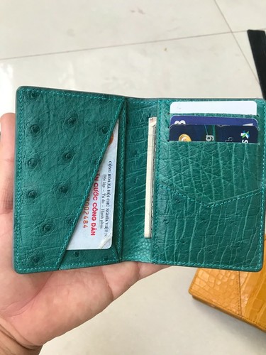 OSTRICH Leather Credit Card Holder DOUBLE SIDE Genuine GRAY- GREEN - Picture 6 of 8