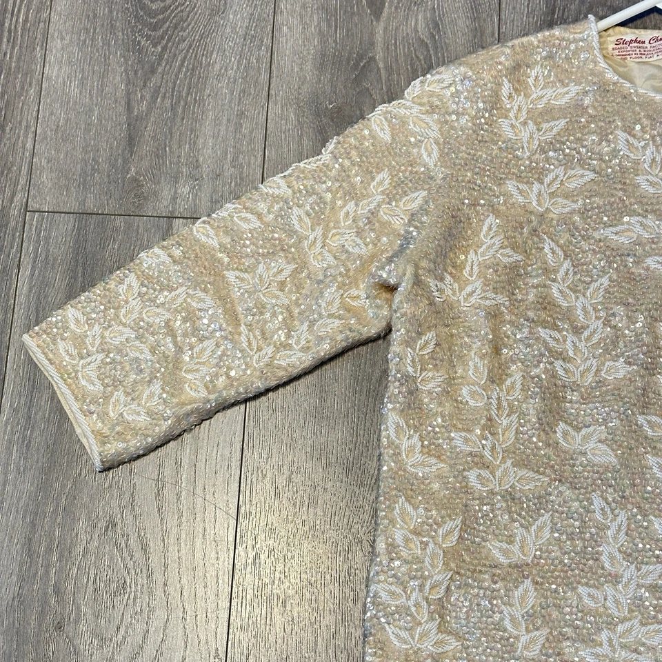 Vtg Stephen Chu Top Cream Ivory Floral Beaded Sequin Long Sleeve Zip Back Dangle - Image 3 of 4