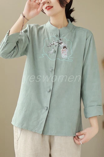 Women Cotton Linen Retro Mandarin Collar Chinese Frog Shirts Button Tops Blouse - Picture 6 of 17