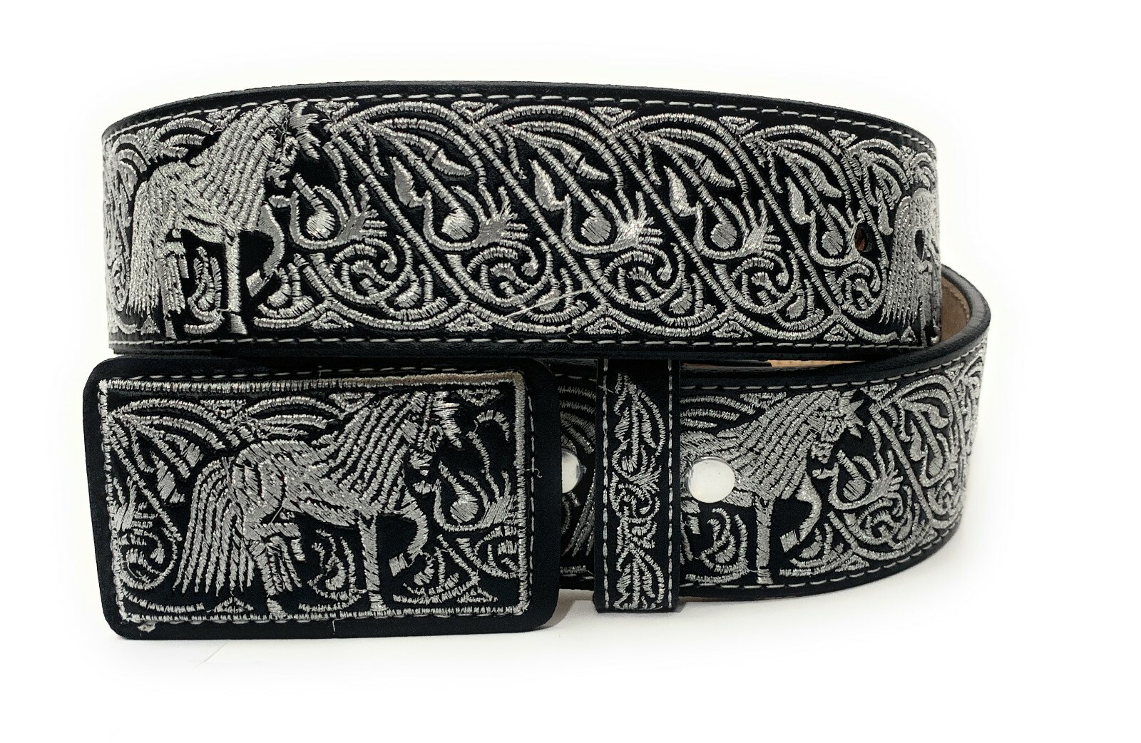 CINTO CHARRO BORDADO HILO PLATEADO. MENS WESTERN SILVER EMBROIDERED COWBOY BELT