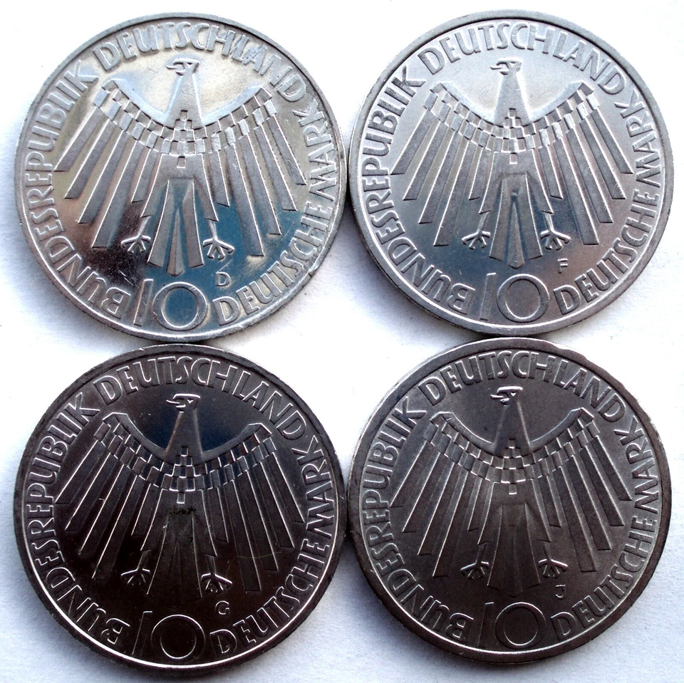 ALEMANHA 4 x 10 MARK 1972 D,F,G,J Siver KM#130 Jogos Olímpicos de Munique. FF15.4 - Imagem 2 de 4