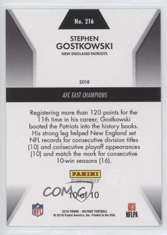 2018 Panini Instant NFL AFC East Champions Green /10 Stephen Gostkowski #216 - Image 2 of 2