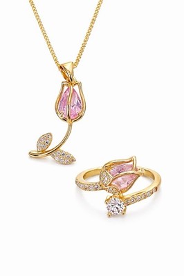 Set de Tulipán 2 Piezas Cadena + Anillo Ajustable Enchapado En Oro 18k Nueva