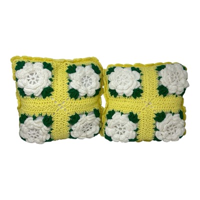 VTG Floral Set Hand Crochet 21x21 Pillow Set Yellow Gold Rosettes Granny Square