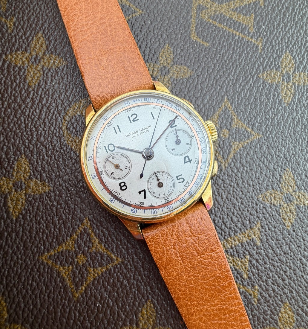 Ulysse Nardin Chronograph Valjoux 71 Gold Yellow Case Dual Tone Dial Swiss Made