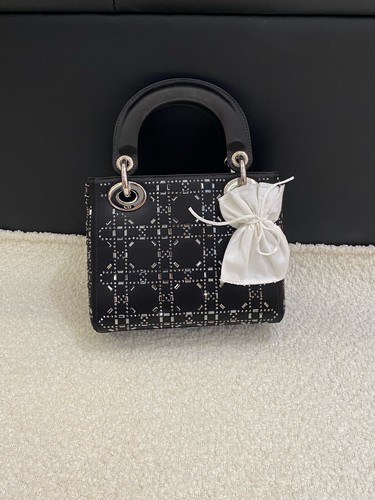 Dior Lady Dior 3-Grid Black Satin Crystal Top Handle Handbag Duty Paid