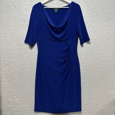 Ralph Lauren Carlton Sheath Dress Women's Size 14 Blue Jersey Draped Cowl Neck