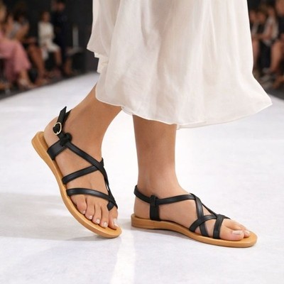 Flache schwarze Damen-Sandalen Riemchen Sommer Strand Freizeit Komfort Schuhe UK 4