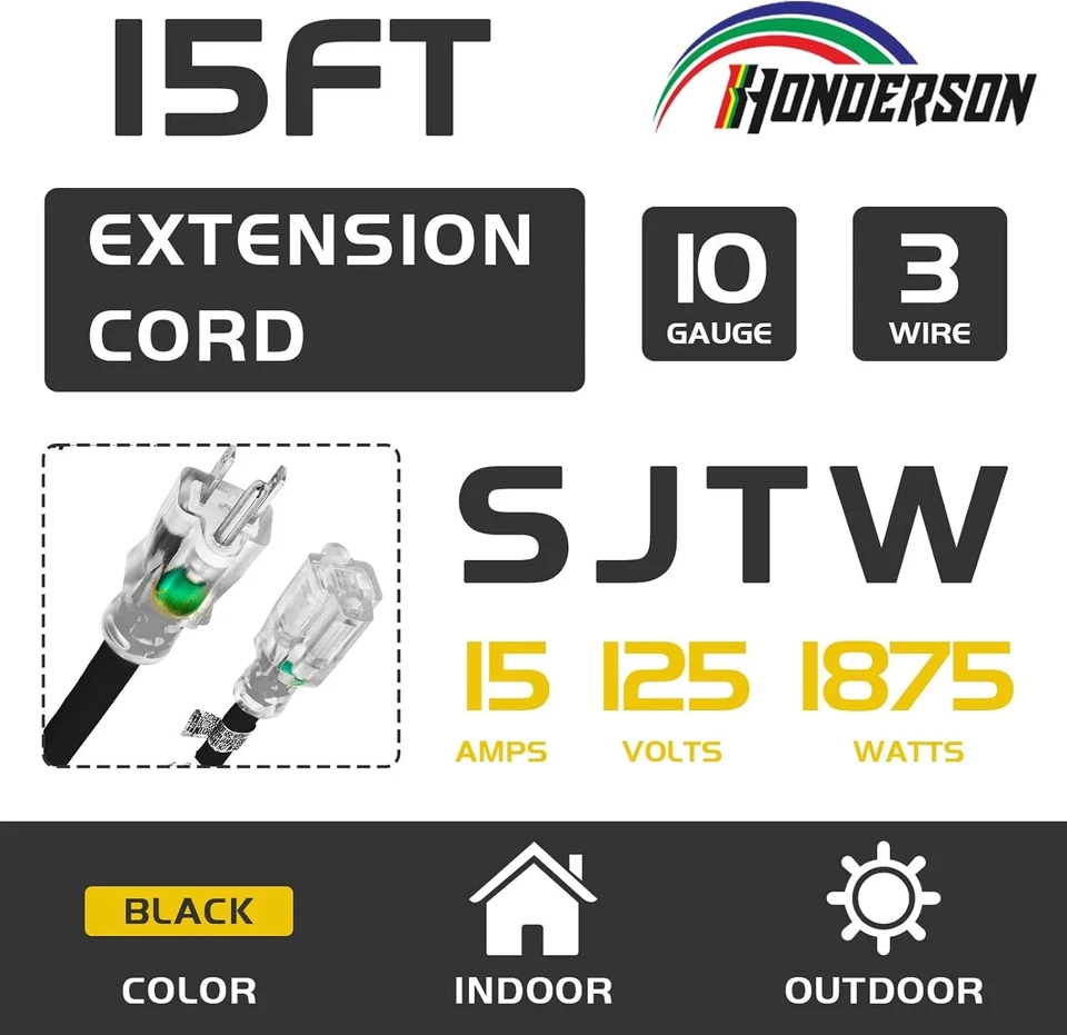 2 Pack Weatherproof 15FT Heavy Duty 10 Gauge Extension Cords with Lighted End - Image 4 of 4